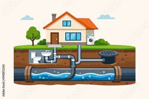 House sewerage system diagram showing underground plumbing pipes connected to a public main sewer line with flowing water, including toilet, sink, and washing machine drainage in flat vector.