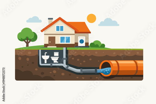 House Sewerage System Flat Vector Illustration Showing Underground Pipes Connecting Home Plumbing Fixtures like Toilet and Sink to a Large Public Main Sewer Pipe for Waste Water Disposal and Drainage