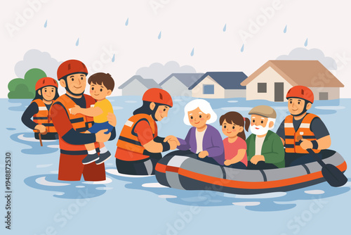 Rescue Team in Orange Life Vests Helping Children and Elderly People During a Flood Disaster. Professional Rescuers Assisting Families into a Rubber Boat in a Flooded Residential Neighborhood.