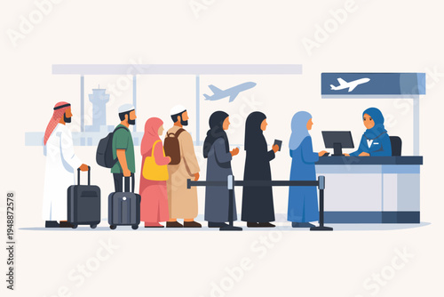 Muslim Travelers Queuing at Airport Check-in Counter with Luggage. Islamic People in Traditional Attire Waiting in Line for Flight Tickets. Flat Vector Illustration of Middle Eastern Passengers.