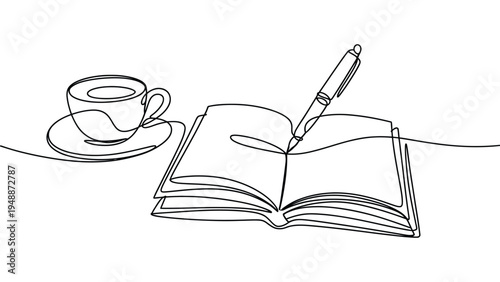 Continuous line open book with pen and coffee cup illustration, minimalist study and writing concept outline drawing isolated on white background
