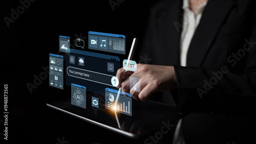 Fotografia Prompt driven AI interface enabling text, image vision, audio and media video data neural asset and tool in smart creation chat workspace edit