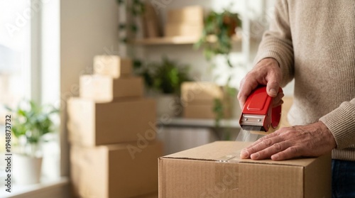 Candid Hands Packing Cardboard Box with Clear Shipping Tape in Sunlit Workspace