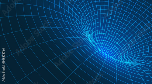 Abstract 3D wireframe mesh tunnel with digital network grid and blue neon glowing perspective for technology, science, and space wormhole design, futuristic structure vector illustration.