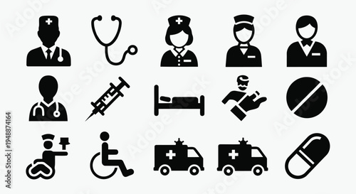 A collection of black medical icons on a transparent background