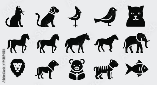 Black and white animal icons on transparent background