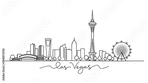 Las Vegas skyline illustration with iconic buildings and attractions  