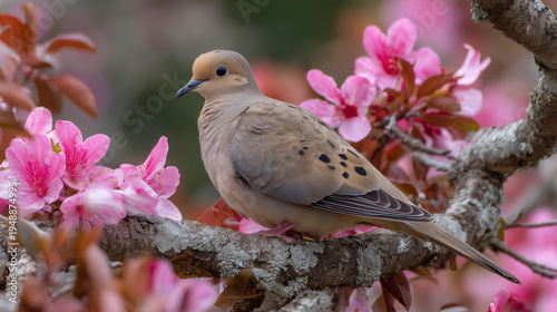 A mourning dove perched on a branch surrounded by pink cherry blossoms. The bird has a light brown body with darker spots and a soft orange hue on its head.