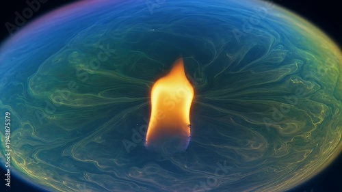 Vibrant orange flame within a swirling blue, green, yellow sphere resembling a distant planet