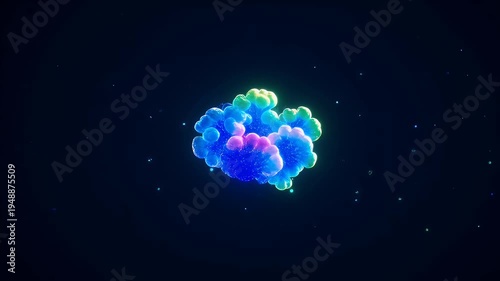 Glowing blue particles scatter across a dark abyss, clustered centrally, resembling a nebula