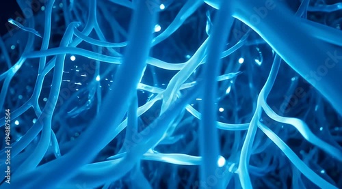 Interconnected blue neural network pulsing with bright light and electrical energy