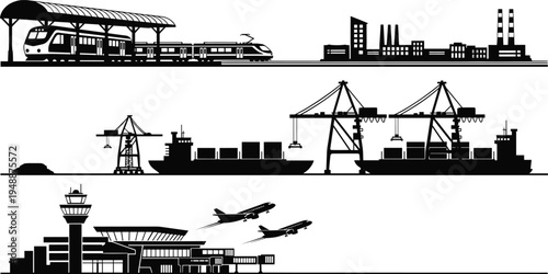 Vector silhouettes of global transportation and logistics hubs including airport, railway station, industrial factory, and cargo sea port with cranes, on white.