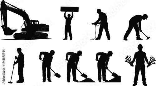 Set of construction worker silhouettes, builders with tools, excavators, shovels, jackhammers, and laborers working on building site, isolated on white, background.
