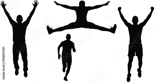 Set of black silhouettes showing active people jumping, running, celebrating, couples walking together, and expressive individuals isolated on white, background.