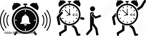 Alarm Clock Character Set Representing Time Management Running To Work And Deadline Concepts With Black Silhouette Icons On White Background