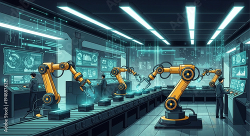 Robotic Arms Working on Automated Assembly Line in Modern Factory.