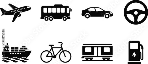 Transportation Icon Set Featuring Plane Bus Car Steering Wheel Ship Bicycle Train And Gas Station Black Silhouette Symbols On White Background