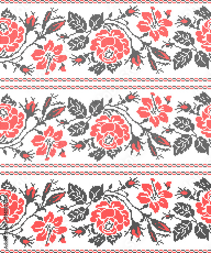 Ukrainian vyshyvanka embroidery seamless vector set with traditional folk floral ornament. Red and black ethnic textile pattern with flowers, branches and leaves
