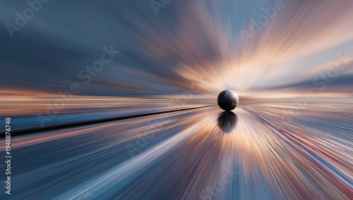 Abstract motion blur with a dark sphere resting on a reflective surface