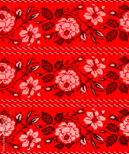 Ukrainian vyshyvanka embroidery seamless vector set with traditional folk floral ornament. Red and black ethnic textile pattern with flowers, branches and leaves