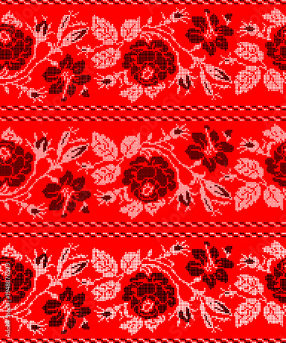 Ukrainian vyshyvanka embroidery seamless vector set with traditional folk floral ornament. Red and black ethnic textile pattern with flowers, branches and leaves