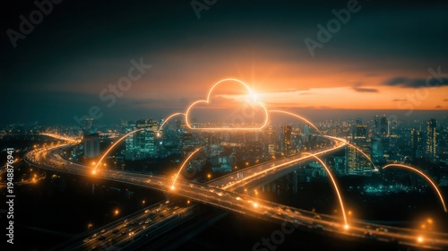 Cloud computing network above modern city highway at sunset showing smart infrastructure data transfer and connected urban mobility