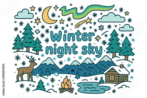 Winter Night Scene. Winter night sky. Hand-drawn doodle illustration of winter night sky. Stars, moon, aurora,