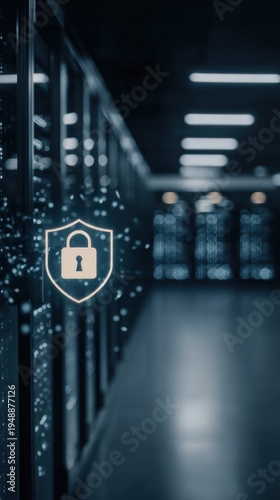 Cyber security shield glowing beside server cabinets in data center showing protected infrastructure and secure digital operations