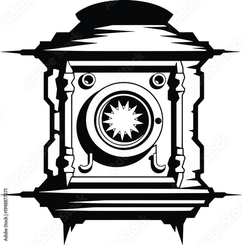 black and white vector illustration of a safe box with a starburst dial, flat design