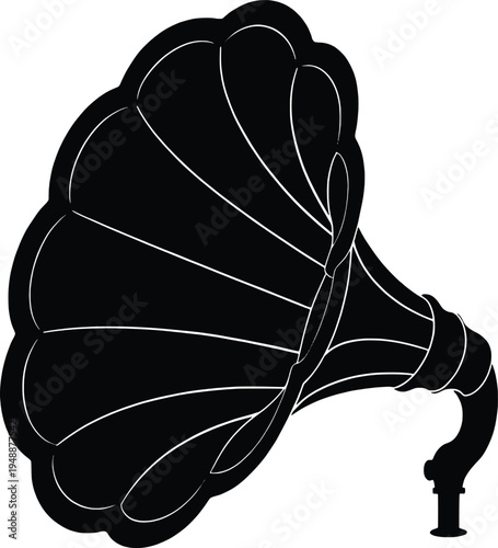 Vintage gramophone vector illustration with white outlines on black background, flat design