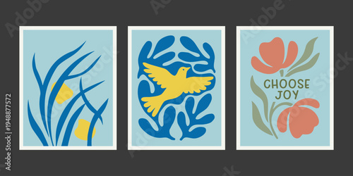 Abstract art set with bird, flowers and choose joy quote