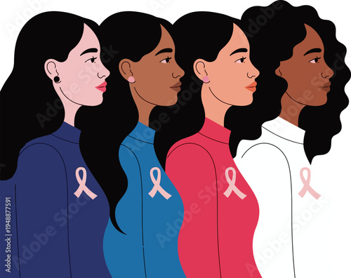 Vector illustration of four diverse women wearing breast cancer awareness ribbons