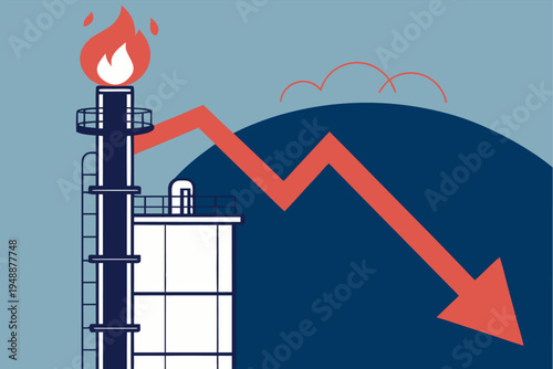 Spadek cen ropy i kryzys w energetyce, rafineria z pochodnią i czerwona strzałka w dół, gospodarka i rynek paliw.