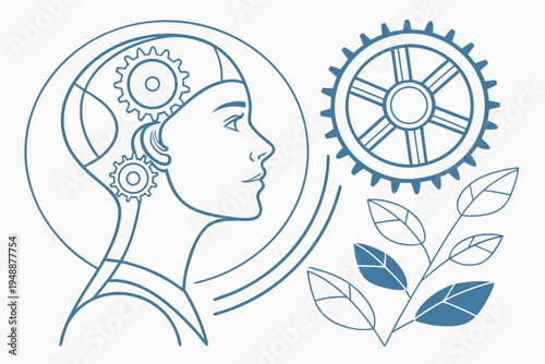 Profil kobiety z kołami zębatymi w głowie, rozwój umiejętności i myślenie analityczne, technologia oraz innowacje w biznesie.
