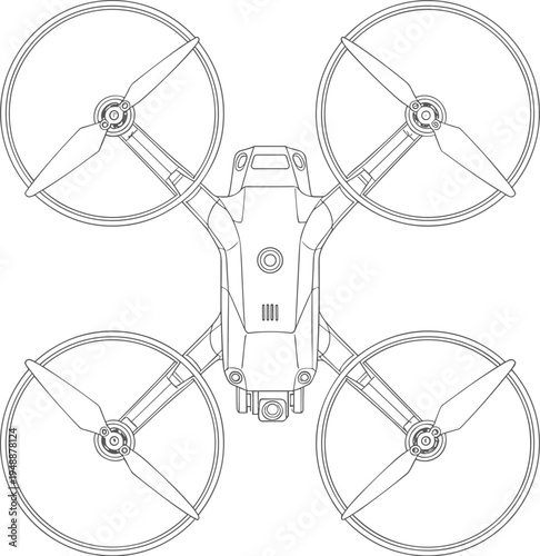 Quadcopter drone technical line drawing illustration featuring four propellers circular guards central body camera sensor flat vector illustration