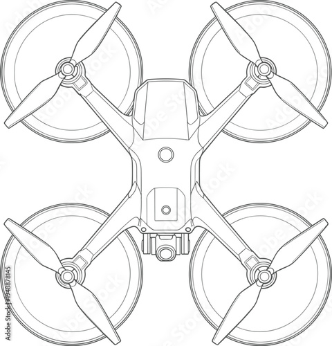 Quadcopter drone top-view technical line drawing illustration featuring four rotors circular guards central body camera flat vector illustration