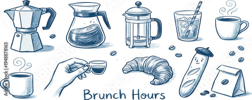 Breakfast or brunch with coffee and croissant doodle vector illustrations. Coffee cup mug icon in chalk, charcoal drawing style. Minimalist line art illustration for menus design, cafe decor or print.
