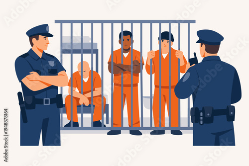Prison Inmates in Orange Jumpsuits Behind Bars with Police Security Guards Keeping Watch, Flat Vector Illustration of Criminal Justice System, Jail Cell, Law Enforcement, and Incarceration Concept