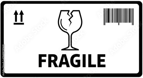 Fragile warning label with barcode and up arrows.
