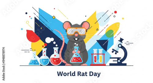 A curious brown rat in goggles stands among colorful laboratory equipment and abstract shapes on world rat day