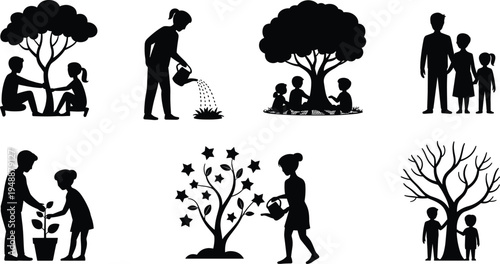 family tree planting silhouettes set, parents and children gardening illustration, environmental care activity, nature conservation lifestyle vector collection