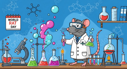 Cartoon lab rat in white coat conducts colorful chemistry experiment with beakers and test tubes on brown table
