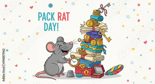 Gray cartoon mouse stacking colorful treasure hoard on pack rat day with confetti