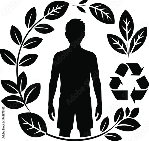 eco friendly lifestyle concept silhouette, human and nature connection illustration, recycling symbol with leaves, sustainability environmental awareness vector design