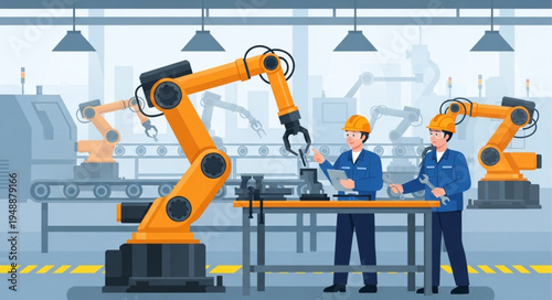 Robotic Arms and Workers in a Modern Factory Setting.