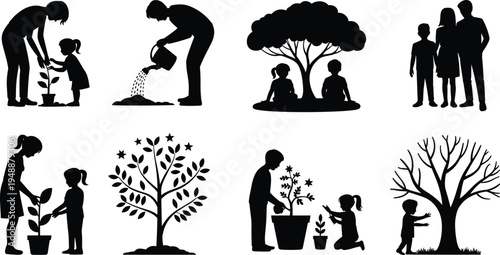 family planting tree silhouettes, parents and children gardening together, environmental education concept, nature care activity, eco lifestyle illustration