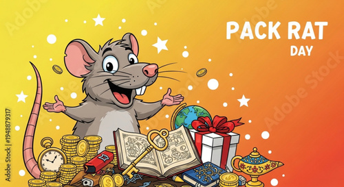 A cheerful cartoon mouse surrounded by treasure and gifts on pack rat day with a warm yellow and orange gradient background