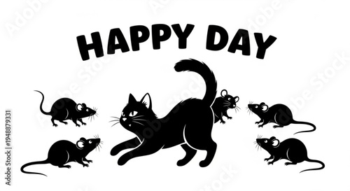 Black cat chasing multiple mice on white background with happy day text