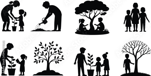 family planting tree silhouette set, parents and children gardening illustration, environmental education concept, nature care activity, eco lifestyle vector