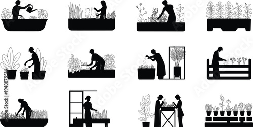 gardening silhouette icon set, people planting and watering plants illustration, home gardening activities collection, urban farming, garden work vector